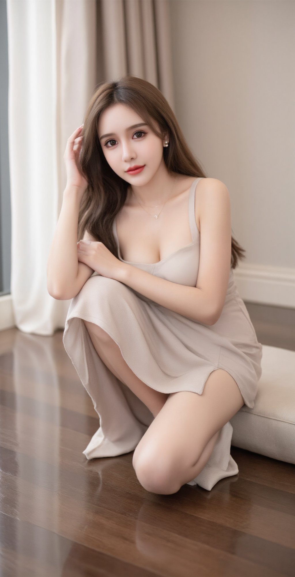 1girl, Captured from a low-angle perspective a medium-sized model of a young woman is seated on the floor her hair cascading down to her shoulders. She is wearing a white white pantyhose and earrings.