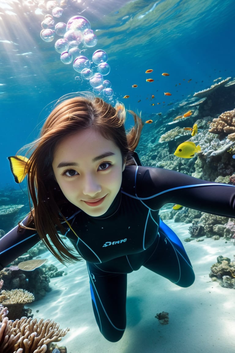 A beautiful Japanese girl is diving underwater,  her movements fluid and graceful. Facing camera,  detailed beautiful face...