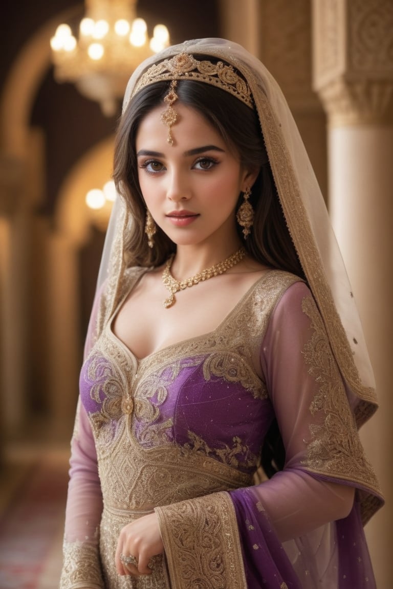 Realistic photograph, Movie light, film grain, 8k, Best quality, aesthetic photo, An Arabian princess, a breathtaking beauty, dressed in exquisite traditional Arabic attire. The scene captures her from a half-body perspective as she gracefully walks toward the camera. Her garments are intricately adorned with golden embroidery, shimmering jewels, and rich, colorful fabrics that flow elegantly with her movements.

The princess's expression is serene and confident, with dark, enchanting eyes that seem to captivate the viewer. Her hair is partially covered by a beautiful veil, adorned with delicate details that add to the opulence of her appearance. The background is softly blurred, emphasizing her royal elegance as she approaches, creating an enchanting and regal atmosphere.