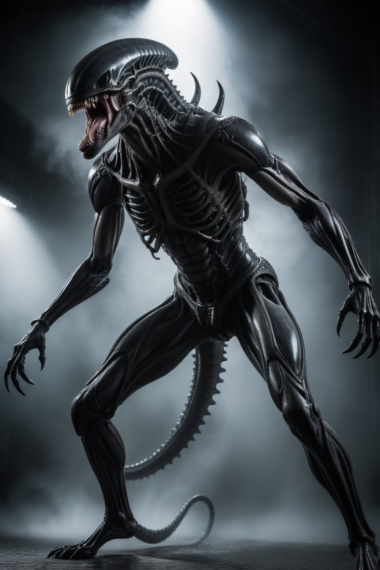 Realistic photograph, Movie light, film grain, 4K, Best quality, A full-body shot of the terrifying Xenomorph from the movie Alien, captured in a menacing pose. The creature's sleek, black exoskeleton shines under dim, eerie lighting, revealing its biomechanical design with ridged limbs and an elongated, eyeless head. Its powerful, sinewy tail curves menacingly behind it, ready to strike.

The Xenomorph's mouth is open wide, exposing rows of razor-sharp teeth, with thick, sticky drool constantly dripping from its jaws, glistening as it falls. Its secondary inner jaws, partially extended, add to the nightmarish effect.

The creature's long, spindly limbs are slightly bent, as if it’s about to lunge forward, muscles taut with anticipation. Its skeletal hands, tipped with claws, are poised and ready to grasp. The shadowy background enhances the feeling of dread, with mist swirling around its feet, creating an ominous, otherworldly atmosphere. Every part of the Xenomorph’s body radiates an unsettling, predatory energy, emphasizing its alien and terrifying nature.