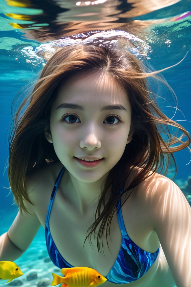 A beautiful Japanese girl is diving underwater,  her movements fluid and graceful. Facing camera,  detailed beautiful face...