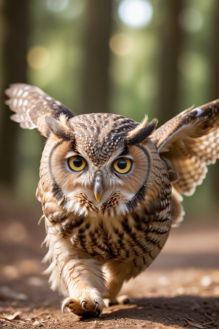 Realistic photograph, Movie light, film grain, 4K, Best quality, A cute owl running playfully toward the camera, its wide, curious eyes full of charm and mischief. Its small wings are slightly spread as it waddles forward with a comical, endearing gait. The owl’s soft feathers are ruffled by the movement, and its tiny talons lightly grip the ground as it bounces toward the viewer.

The background is blurred to focus on the owl’s adorable face, as it tilts its head slightly and 'smiles' at the camera, creating a delightful, heartwarming scene. The lighting highlights the soft textures of its feathers, making the owl's expressive, animated approach all the more lovable.