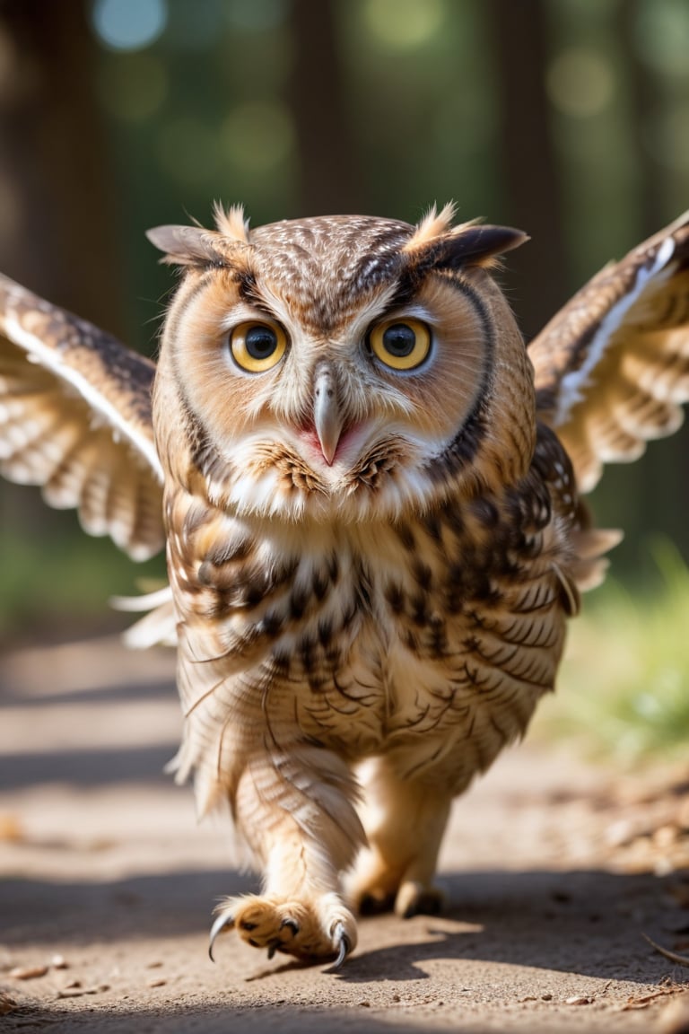 Realistic photograph, Movie light, film grain, 4K, Best quality, A cute owl running playfully toward the camera, its wide, curious eyes full of charm and mischief. Its small wings are slightly spread as it waddles forward with a comical, endearing gait. The owl’s soft feathers are ruffled by the movement, and its tiny talons lightly grip the ground as it bounces toward the viewer.

The background is blurred to focus on the owl’s adorable face, as it tilts its head slightly and 'smiles' at the camera, creating a delightful, heartwarming scene. The lighting highlights the soft textures of its feathers, making the owl's expressive, animated approach all the more lovable.