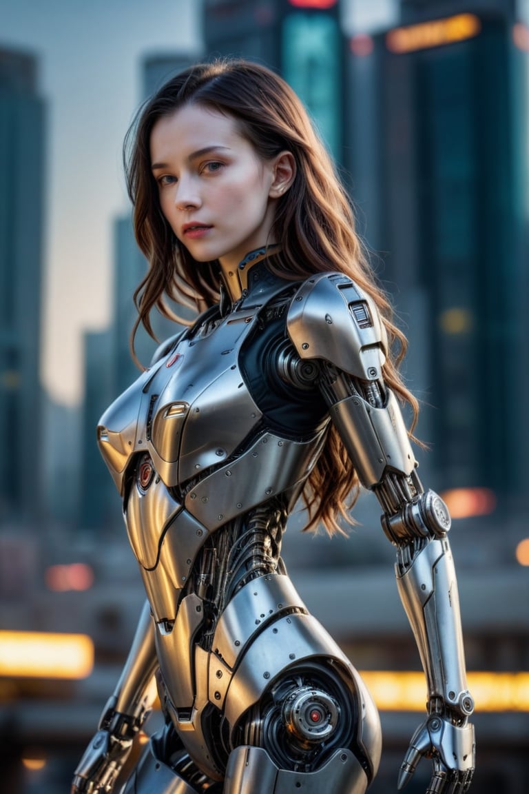 Realistic photograph, Movie light, film grain, 4K, Best quality, a breathtakingly beautiful female robot.
Detailed human realistic face, cute face, looking at view, long_floating hair cascading down over shoulders, pale skin:1.4, articulated joints. (detailed mechanical metal neck, mechanical metal body, mechanical hands, mechanical legs,:1.2) sexy standing pose. Cowboy shot 
Blurry background, cyberpunk city, bokeh