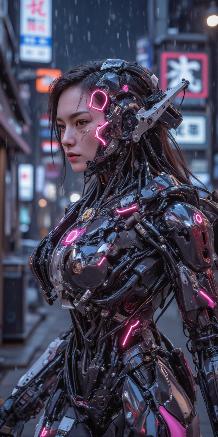 A cinematic Oscar-worthy movie frame featuring a cyborg techno girl in a striking cowboy shot (from the knees up),  resemb...