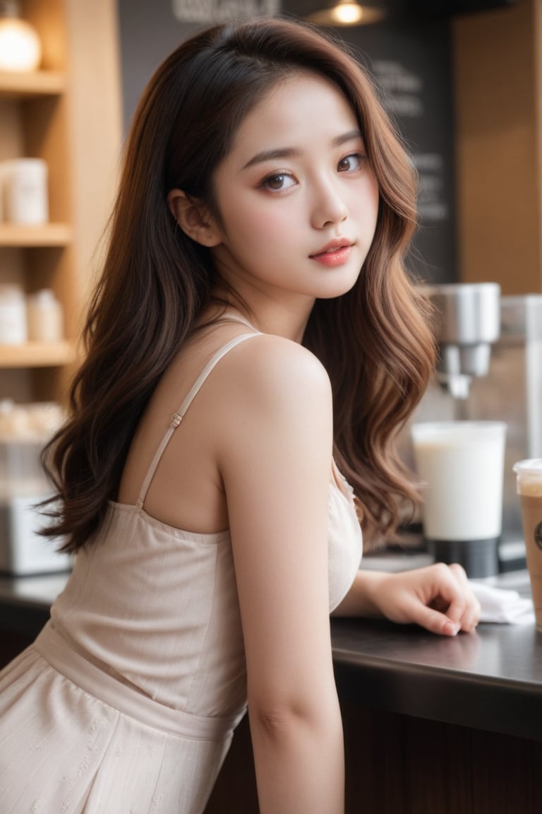 Realistic photograph, Movie light, film grain, 8k, Best quality, aesthetic photo, Korean, a stunningly beautiful girl wearing a low-cut delicate outfits, bend over, leaning forward by a coffee shop counter, capturing the elegant beauty and focus on her graceful body. Her attractive curves and dressing are highlighted, while her flowing hair cascades down, adding to the scene's charm.
pretty cute small face, innocent clear eyes, soft bust, slender slim petite body, perfect hand, detailed fingers, fair skin, thin waist.