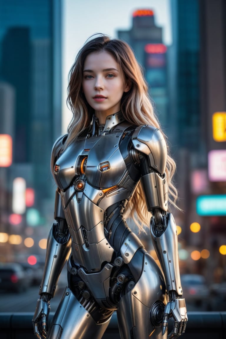 Realistic photograph, Movie light, film grain, 4K, Best quality, a breathtakingly beautiful female robot.
Detailed human realistic face, cute face, looking at view, long_floating hair cascading down over shoulders, pale skin:1.4, articulated joints. (detailed mechanical metal neck, mechanical metal body, mechanical hands, mechanical legs,)sexy standing pose. Cowboy shot 
Blurry background, cyberpunk city, bokeh