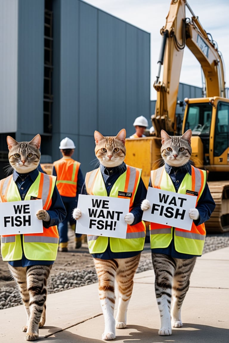 Realistic photograph, Movie light, film grain, 4K, Best quality, American Shorthair cats on strike, wearing construction uniforms, marching in front of a construction site, holding signs that say "We Want fish"