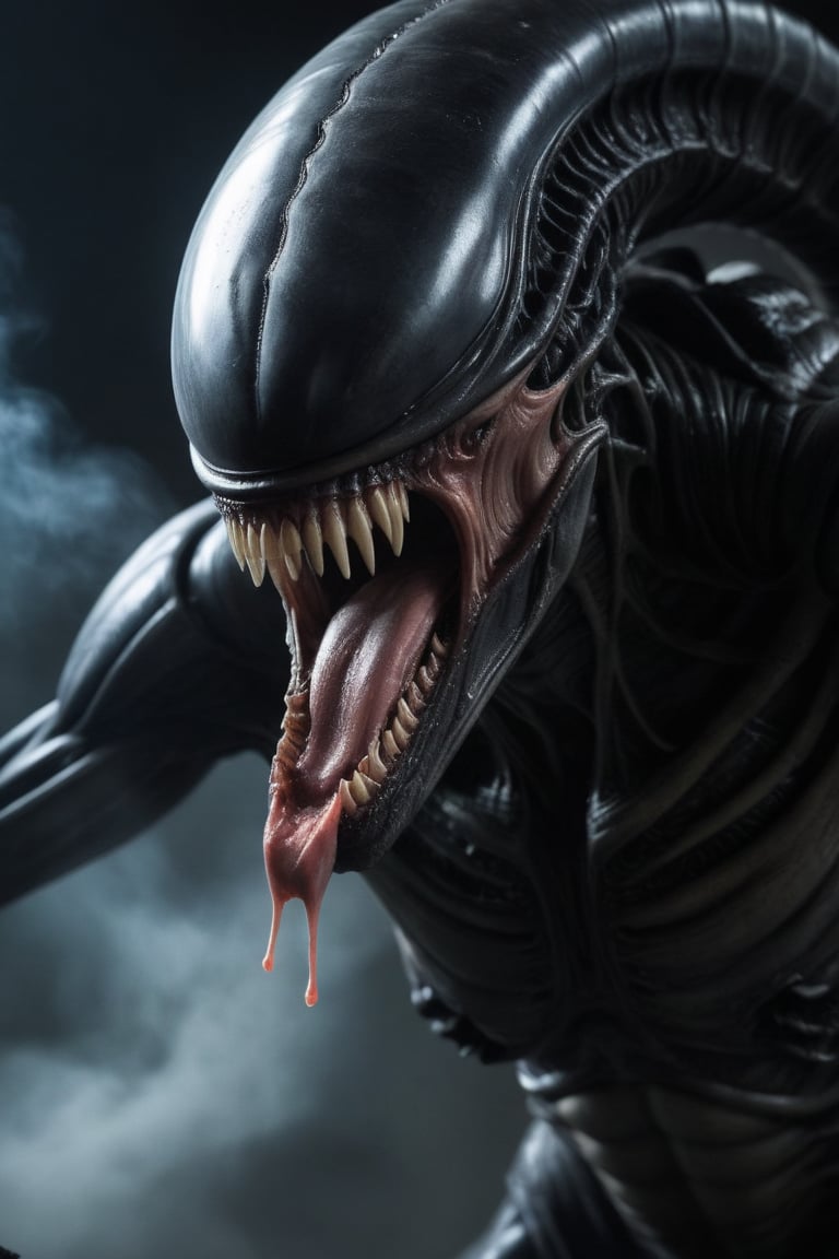 Realistic photograph, Movie light, film grain, 4K, Best quality, A terrifying, close-up shot of a creature inspired by the Xenomorph from the movie Alien. The creature's menacing, elongated head gleams under harsh lighting, its sharp teeth bared in a horrifying snarl. Thick, viscous saliva drips continuously from its open mouth, adding to the grotesque, unsettling appearance. The glossy black exoskeleton reflects light, highlighting its sleek yet nightmarish form.

Its inner jaws are slightly extended, ready to strike, while its eyeless face adds an eerie, emotionless quality to its predatory nature. The scene is dark and shadowy, with mist or smoke in the background, emphasizing the chilling, claustrophobic atmosphere. The creature's posture is tense, as if moments away from attacking, with every detail— from the glistening saliva to the cold, mechanical movements—contributing to the sense of dread and imminent danger