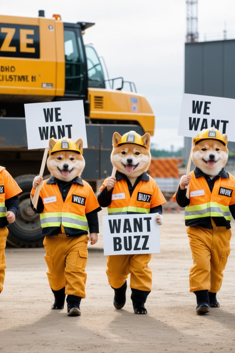 Realistic photograph, Movie light, film grain, 4K, Best quality, Shiba Inu puppies on strike, wearing construction uniforms, marching in front of a construction site, holding signs that say "We Want Buzz"