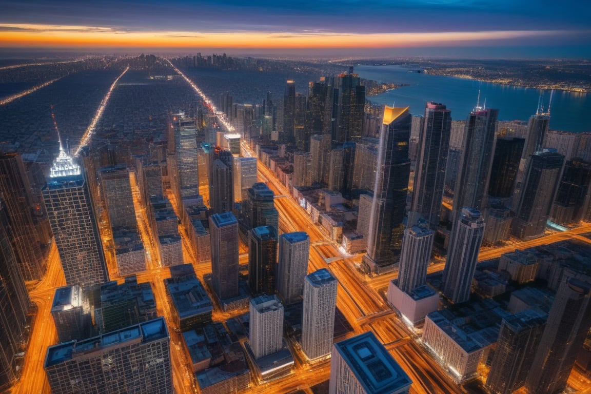 Realistic photograph, Movie light, film grain, 4K, Best quality, a breathtaking time-lapse aerial view of a bustling city from day to night. The camera captures the dynamic flow of sunlight as it moves across the skyline, casting long shadows over the buildings. The scene begins with the bright, vibrant hues of daylight, as the city’s architecture gleams in the sun. Slowly, the light softens, and golden hour sets in, painting the horizon with warm, orange tones.

As dusk approaches, the city transitions into twilight, and the streets begin to light up with the glow of streetlights and headlights. The flow of traffic turns into streams of light, with cars moving rapidly through the city's veins. By nightfall, the entire city is illuminated, with skyscrapers glowing and neon signs flickering, creating a mesmerizing dance of lights against the deep blue sky. The blend of natural light fading and artificial city lights rising creates a stunning, fast-paced transformation.