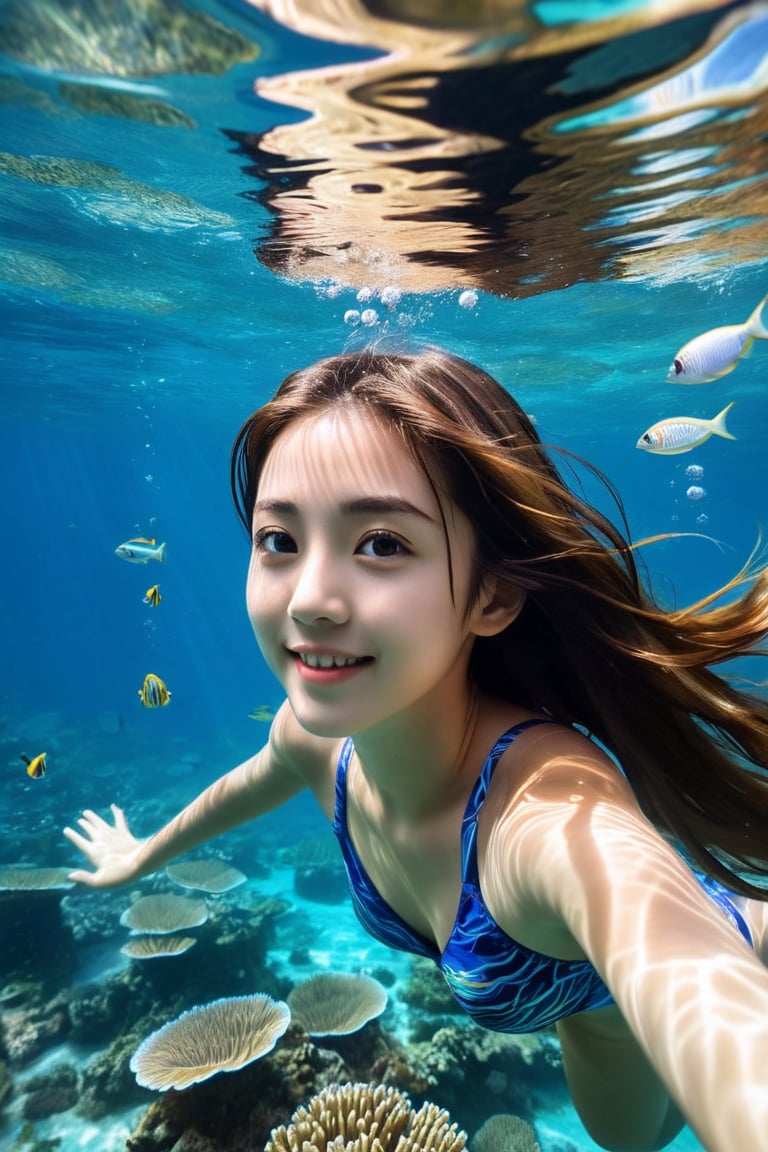 A beautiful Japanese girl is diving underwater,  her movements fluid and graceful. Facing camera,  detailed beautiful face...