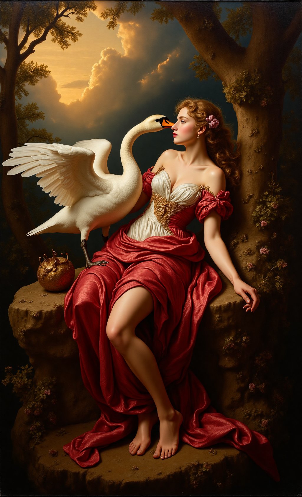 A baroque-style painting of Leda and the swan,  emphasizing elegance and grandeur. Leda is portrayed in flowing,  richly d...