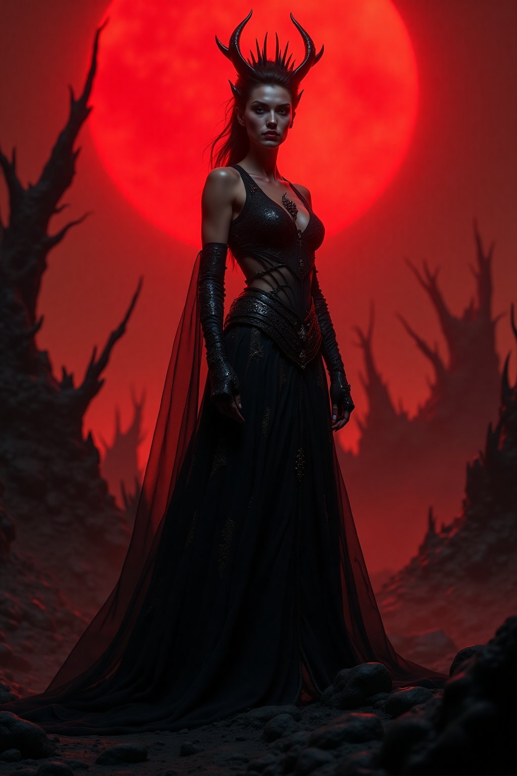 A photorealistic image of a beautiful evil queen standing in an eerie,  otherworldly landscape with a dramatic red sky. Sh...