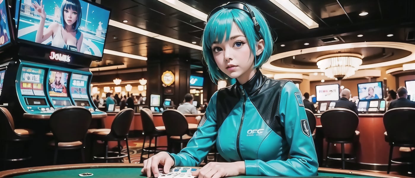 (masterpiece), science fiction, scenery,  1girl, short hair, bangs, aqua hair color, light blue eyes, mecha headgear, sci-fi bodysuits, 
slot machine, (blue (#006fc7)) background in the casino