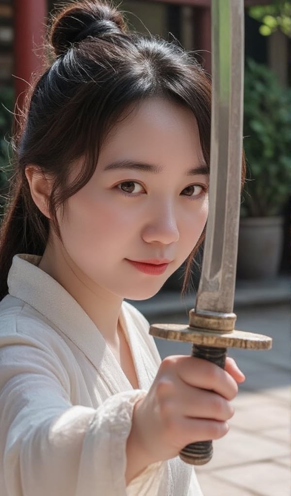 In a serene courtyard,  a Chinese young lady practices swordplay,  showcasing her elegance. view from front by user_696792...