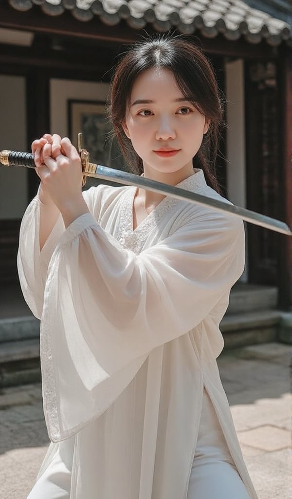 In a serene courtyard,  a Chinese young lady with ample bosom practices swordplay,  showcasing her elegance. view from fro...