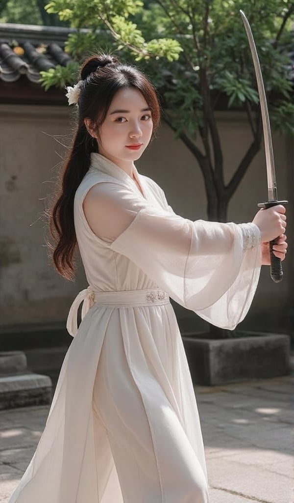 In a serene courtyard,  a Chinese young lady with ample bosom practices swordplay,  showcasing her elegance. view from fro...