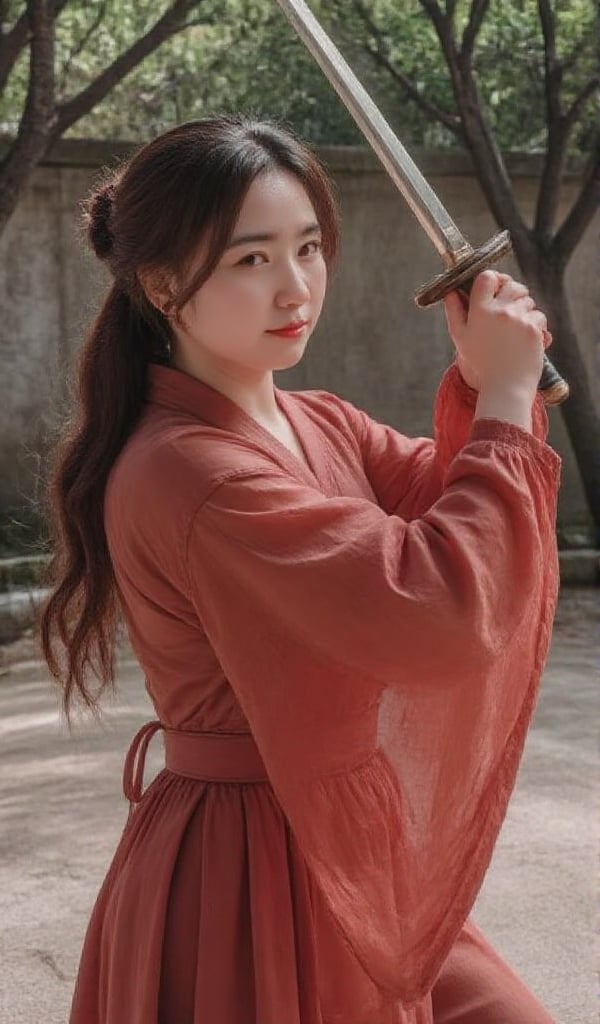 In a serene courtyard,  an ancient Chinese lady practices swordplay,  showcasing her elegance. look at viewer. She wears h...