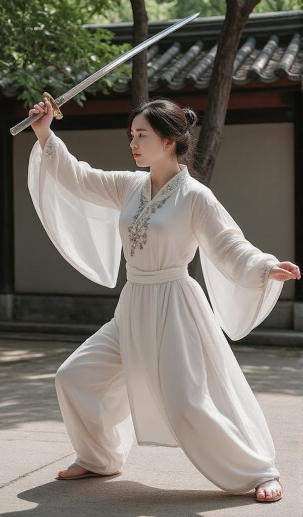 In a serene courtyard,  a Chinese young lady with ample bosom practices swordplay,  showcasing her elegance. view from fro...