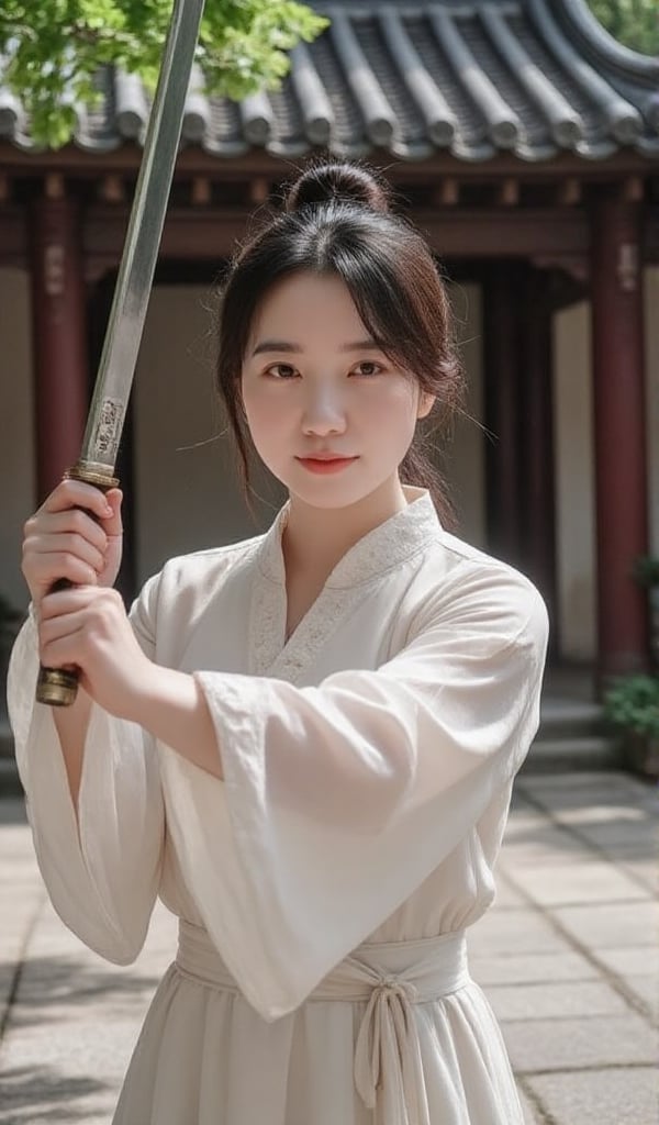 In a serene courtyard,  a Chinese young lady with ample bosom practices swordplay,  showcasing her elegance. view from fro...