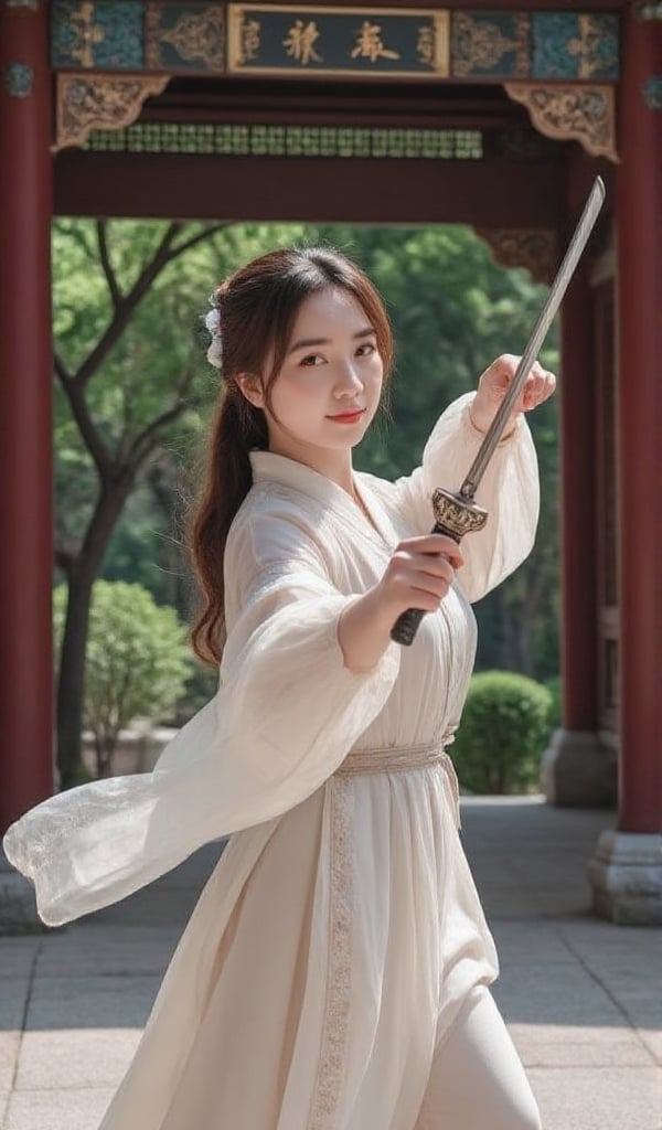 In a serene courtyard,  a Chinese young lady with ample bosom practices swordplay,  showcasing her elegance. view from fro...