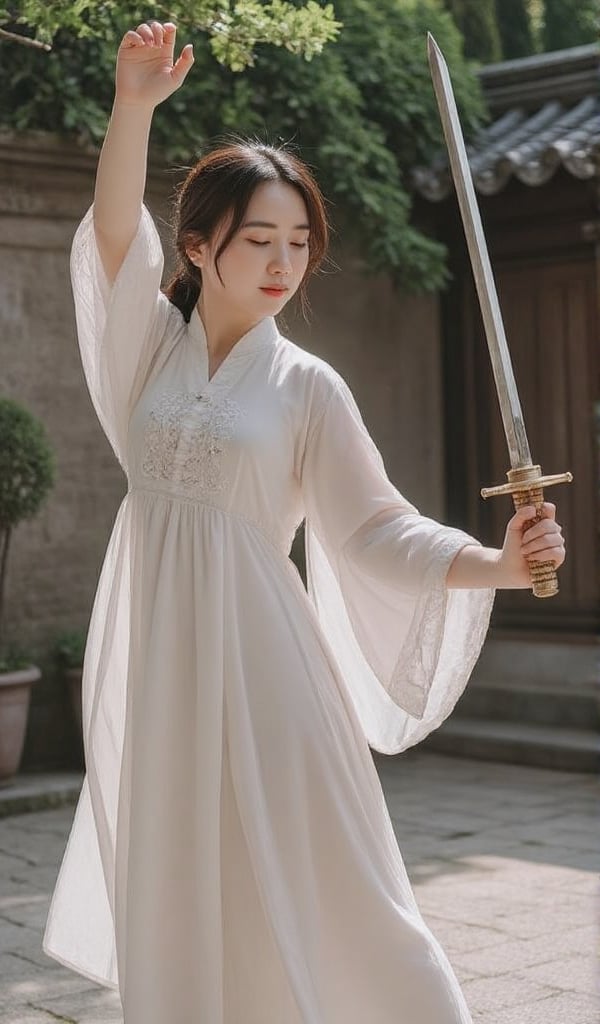 In a serene courtyard,  a Chinese young lady with ample bosom practices swordplay,  showcasing her elegance. view from fro...