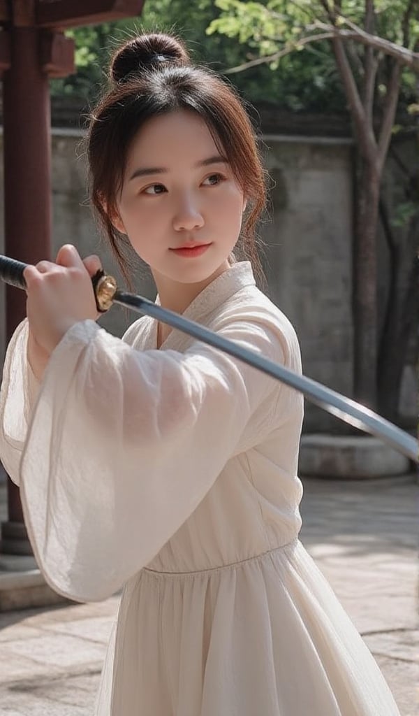 In a serene courtyard,  a Chinese young lady practices swordplay,  showcasing her elegance. view from front by user_696792...