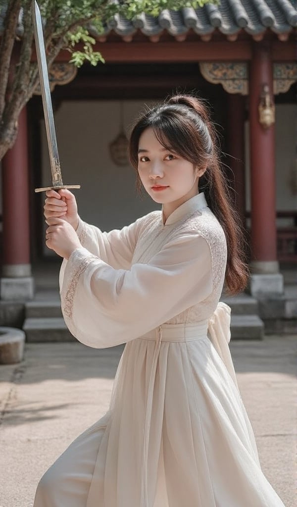 In a serene courtyard,  a Chinese young lady practices swordplay,  showcasing her elegance. view from front by user_696792...