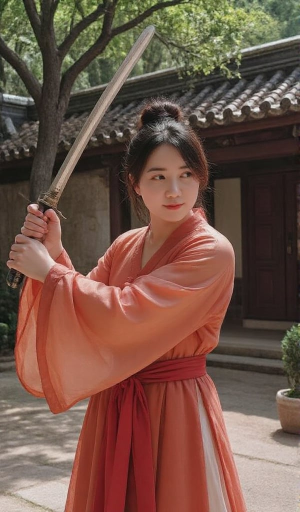 In a serene courtyard,  an ancient Chinese lady practices swordplay,  showcasing her elegance. look at viewer. She wears a...