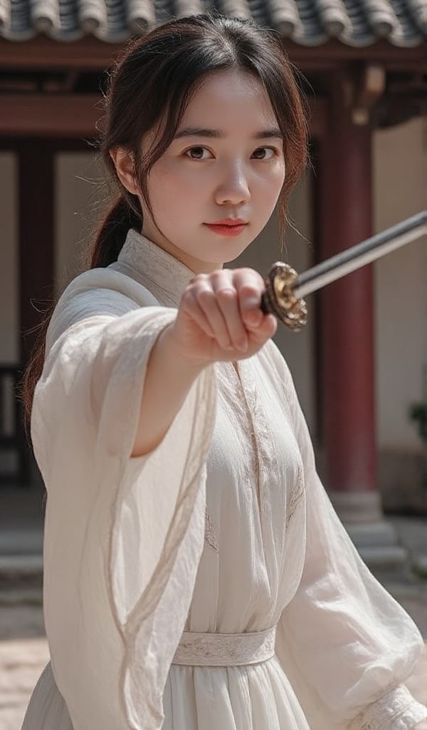 In a serene courtyard,  a Chinese young lady practices swordplay,  showcasing her elegance. view from front by user_696792...
