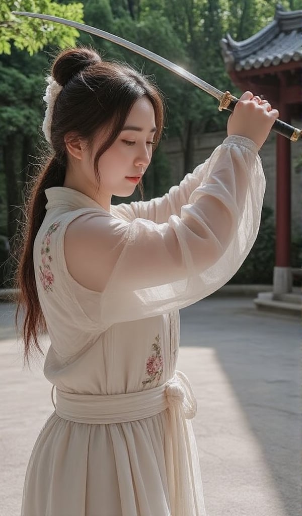 In a serene courtyard,  a Chinese young lady with ample bosom practices swordplay,  showcasing her elegance. view from fro...