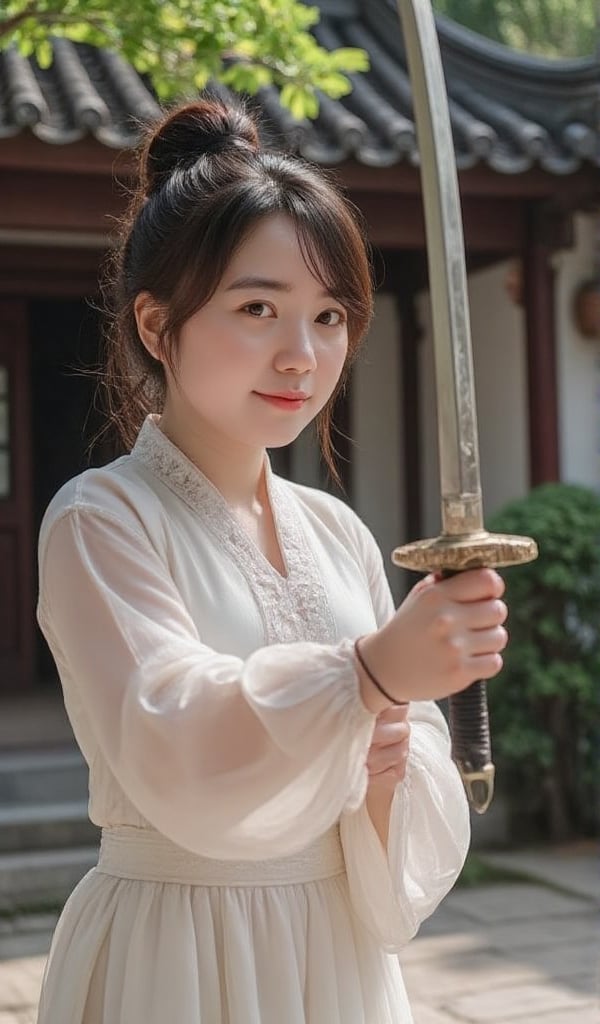 In a serene courtyard,  a Chinese young lady with ample bosom practices swordplay,  showcasing her elegance. view from fro...