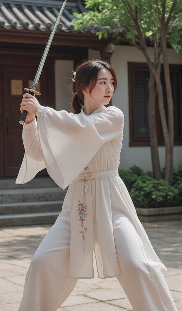 In a serene courtyard,  a Chinese young lady with ample bosom practices swordplay,  showcasing her elegance. view from fro...