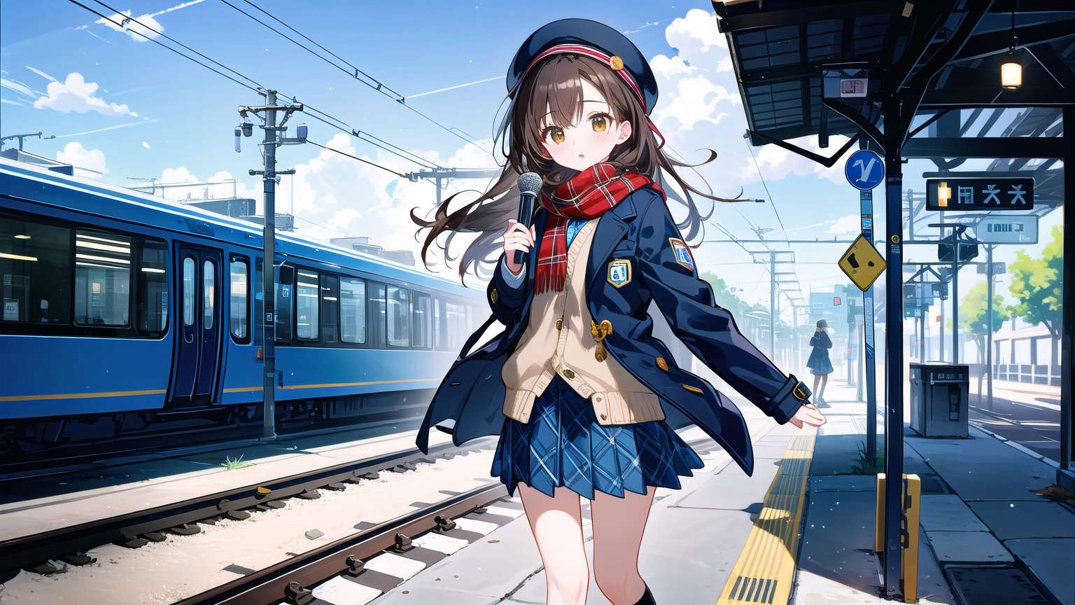 masterpiece, best quality, high quality,extremely detailed CG unity 8k wallpaper, extremely detailed, High Detail, 

(1girl, solo), long hair, skirt, brown hair, hat, holding, brown eyes, standing, jacket, outdoors, shoes, day, socks, scarf, blurry, blue skirt, coat, plaid, plaid skirt, white socks, blue headwear, train station, railroad tracks,girl