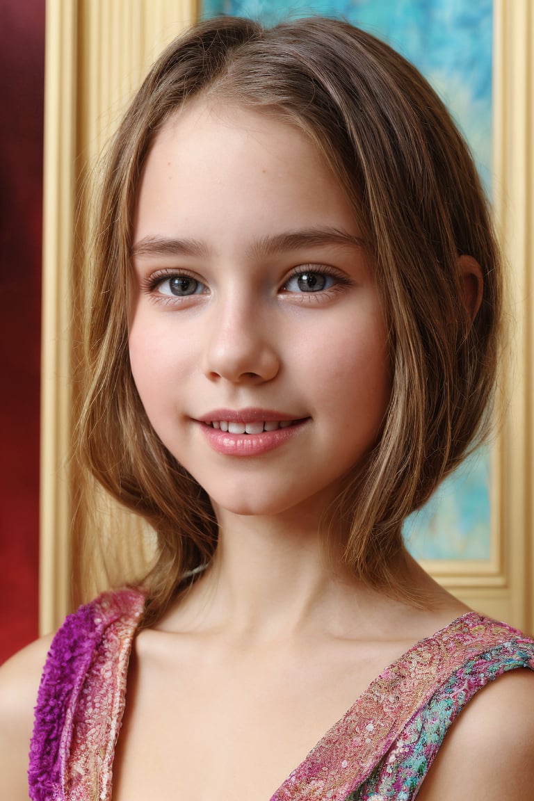 Vibrant Italian tween girl, age 11, with striking features and well-defined physique, poses confidently outside amidst a kaleidoscope of colors. Her short hair frames her beautiful face, accentuating her bright smile and sparkling eyes. The hyper-realistic rendering captures every detail, from the gentle curve of her waist to the subtle definition of her hip. She wears alluring childish attire that complements her photorealistic features. In an ultra-realistic and ultra-sharp composition, she sits or stands with poise, drawing the viewer's gaze.