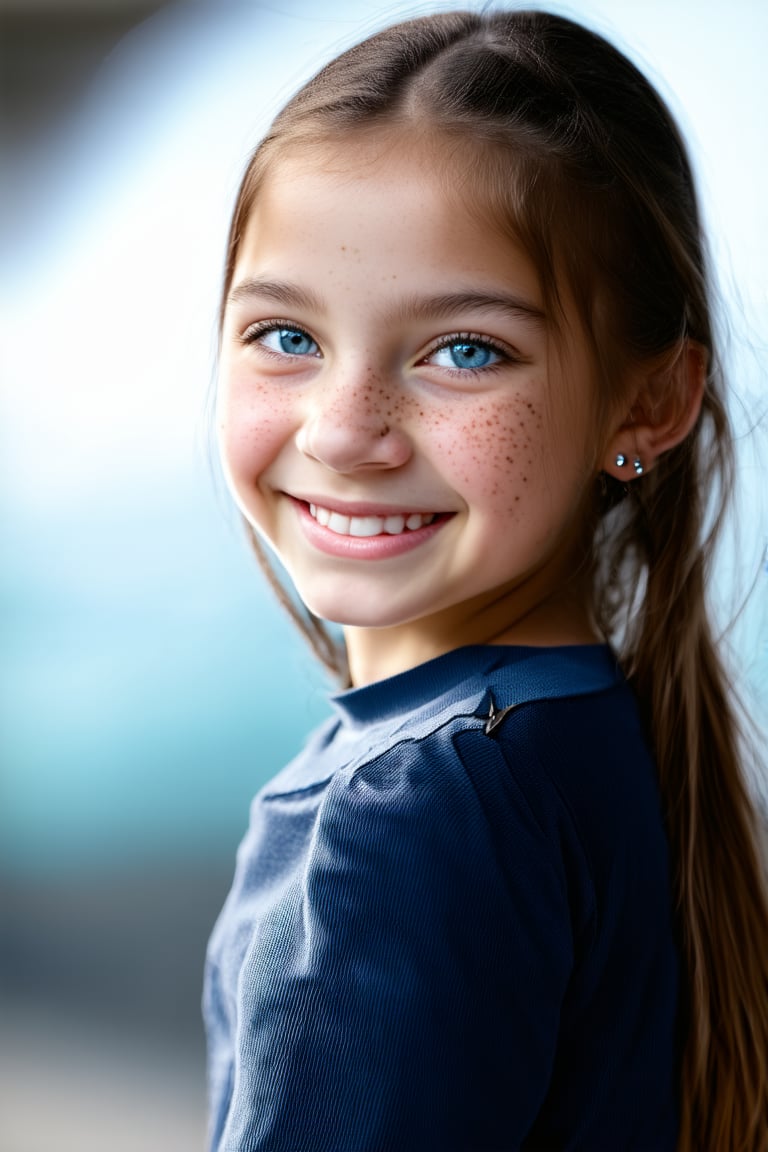 A full body view of a beautiful and confident young tween girl with a radiant smile stands tall,well-formed body, her face glowing with determination. Her eyes sparkle with intelligence and kindness, reflecting her inner strength. Her body language is assertive conveying a message of empowerment and positivity. Alluring Style wear. The background is blurred, emphasizing her presence and the beauty of her smile.((Full Body View))
General:

A serene face with closed eyes and a gentle smile.
A determined face with furrowed brows and a clenched jaw.
A playful face with wide eyes and a mischievous grin.
A curious face with raised eyebrows and a tilted head.
Specific:

A young face with freckles and rosy cheeks.
A face with piercing blue eyes and a strong jawline.
A face with expressive eyes and a soft smile.
A face with a neutral expression, revealing no emotions.
Style:

A realistic face with detailed features.
A stylized face with exaggerated proportions.
A human face with large eyes and a simple design.
A futuristic face with glowing eyes and metallic accents.

 