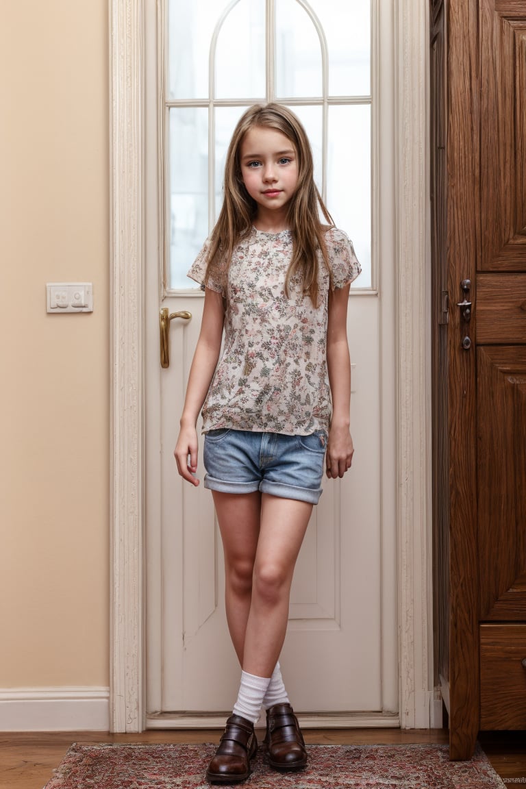 (beautiful face, 8K, HDR, HD.Masterpiece, Hyperrealistic),Full body view of a very young, petite, little woman with well-formed slim body and childish casual wear.