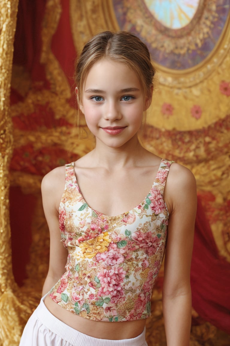 Vibrant Italian tween girl, age 11, with striking features and well-defined physique, poses confidently outside amidst a kaleidoscope of colors. Her short hair frames her beautiful face, accentuating her bright smile and sparkling eyes. The hyper-realistic rendering captures every detail, from the gentle curve of her waist to the subtle definition of her hip. She wears alluring childish attire that complements her photorealistic features. In an ultra-realistic and ultra-sharp composition, she sits or stands with poise, drawing the viewer's gaze.