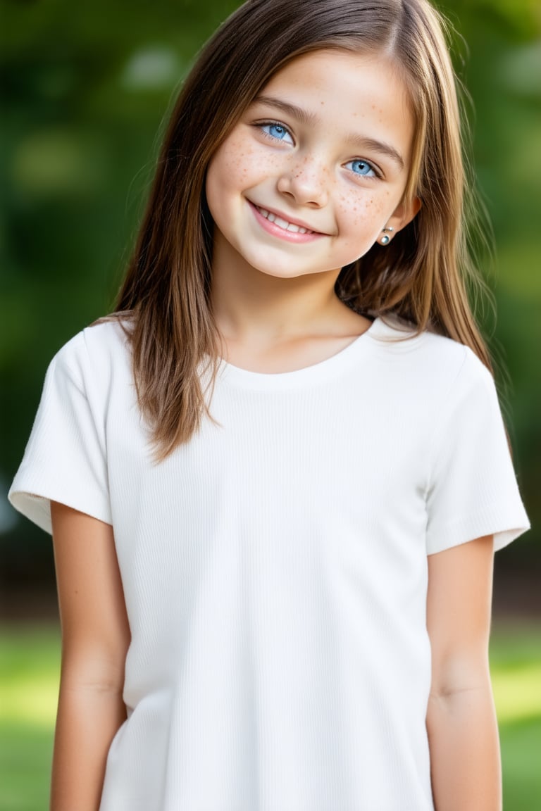 A full body view of a beautiful and confident young tween girl with a radiant smile stands tall,well-formed body, her face glowing with determination. Her eyes sparkle with intelligence and kindness, reflecting her inner strength. Her body language is assertive conveying a message of empowerment and positivity. The background is blurred, emphasizing her presence and the beauty of her smile.((Full Body View))
General:

A serene face with closed eyes and a gentle smile.
A determined face with furrowed brows and a clenched jaw.
A playful face with wide eyes and a mischievous grin.
A curious face with raised eyebrows and a tilted head.
Specific:

A young face with freckles and rosy cheeks.
A face with piercing blue eyes and a strong jawline.
A face with expressive eyes and a soft smile.
A face with a neutral expression, revealing no emotions.
Style:

A realistic face with detailed features.
A stylized face with exaggerated proportions.
A human face with large eyes and a simple design.
A futuristic face with glowing eyes and metallic accents.

 