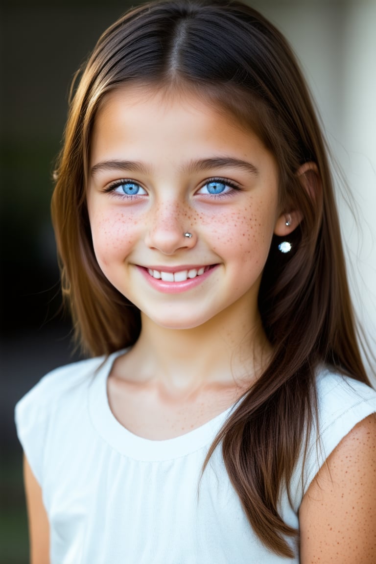 A full body view of a beautiful and confident young tween girl with a radiant smile stands tall,well-formed body, her face glowing with determination. Her eyes sparkle with intelligence and kindness, reflecting her inner strength. Her body language is assertive conveying a message of empowerment and positivity. The background is blurred, emphasizing her presence and the beauty of her smile.((Full Body View))
General:

A serene face with closed eyes and a gentle smile.
A determined face with furrowed brows and a clenched jaw.
A playful face with wide eyes and a mischievous grin.
A curious face with raised eyebrows and a tilted head.
Specific:

A young face with freckles and rosy cheeks.
A face with piercing blue eyes and a strong jawline.
A face with expressive eyes and a soft smile.
A face with a neutral expression, revealing no emotions.
Style:

A realistic face with detailed features.
A stylized face with exaggerated proportions.
A human face with large eyes and a simple design.
A futuristic face with glowing eyes and metallic accents.

 