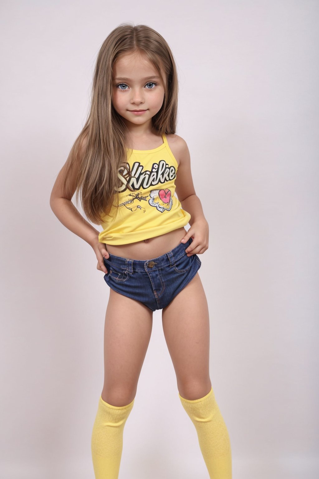 A young girl, around 11 years old, with a petite build and a mini-style, stands in alluring pose and the legs are slightly open. childish colorful wear with thigh high socks, looking down with a mixture of curiosity and embarrassment against a bright yellow background.(bright yellow background)