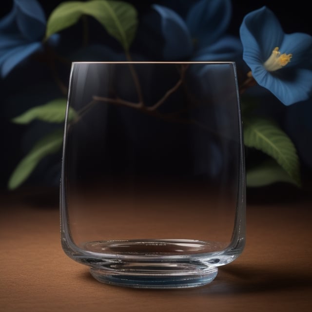 masterpiece, best quality, photography advertising of a glass of whiskey , Round Mugs, Tumbler, myphamhoahong photo, flower, (blue flower:1.2), leaf, branch, petals, plant, gradient, garden, realistic, cold theme, scenery, shadow, still life 