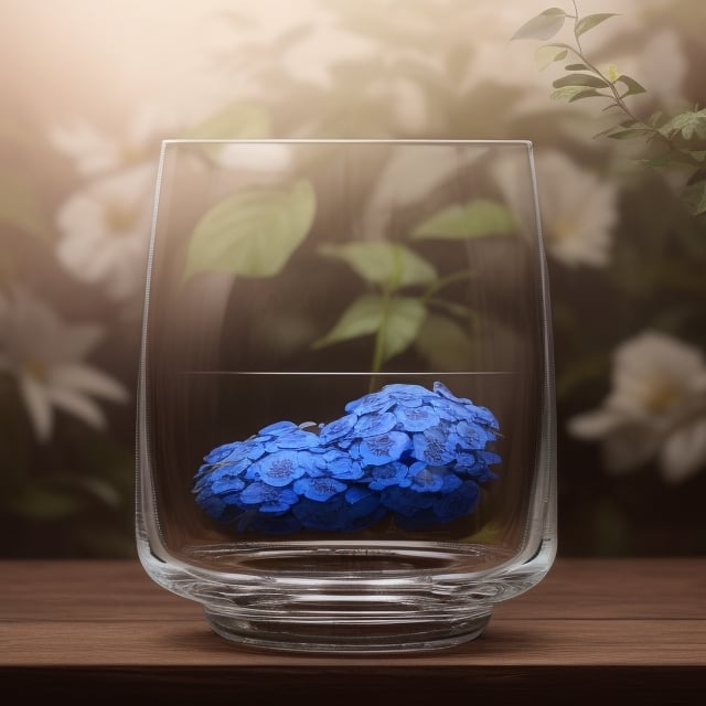 masterpiece, best quality, photography advertising of a glass of whiskey , Round Mugs, Tumbler, myphamhoahong photo, flower, (blue flower:1.2), leaf, branch, petals, plant, gradient, garden, realistic, cold theme, scenery, shadow, still life 