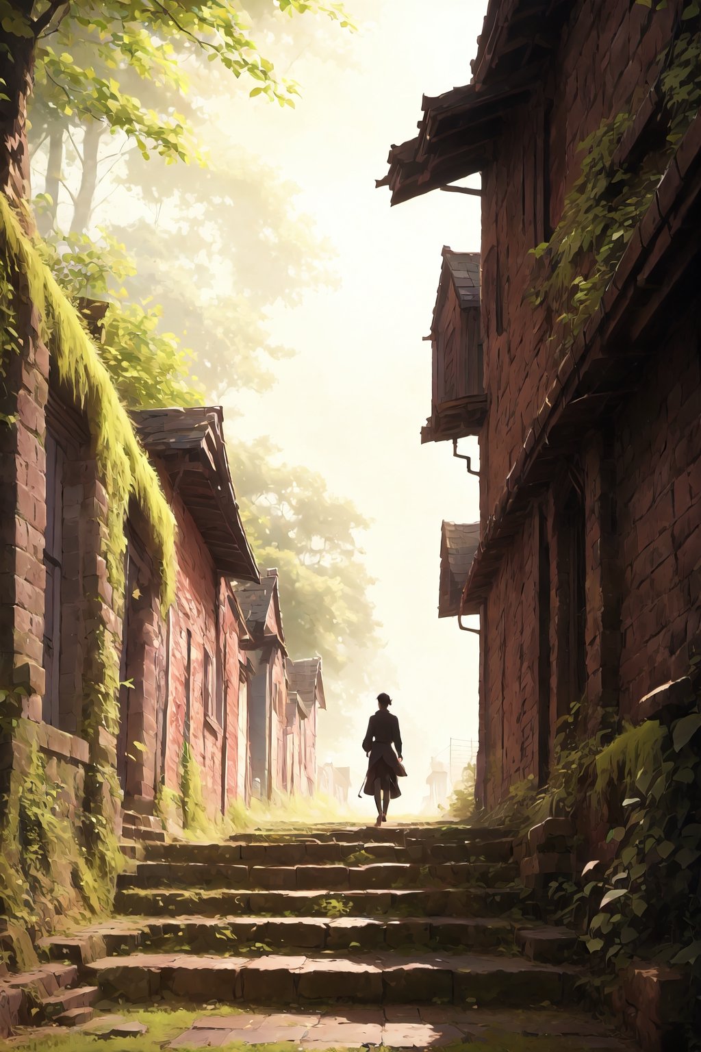 a girl walking, a solitary red rose resting gracefully on the highest staircase step, its velvety petals unfurling to reveal a rich shade of scarlet, set against a backdrop of ancient, moss-covered steps, a sense of timelessness enveloping the scene, with a gentle breeze rustling nearby ivy leaves, evoking a sense of peaceful contemplation soft focus creating a dreamlike quality, in the style of romantic landscape paintings by J.M.W. Turner. 