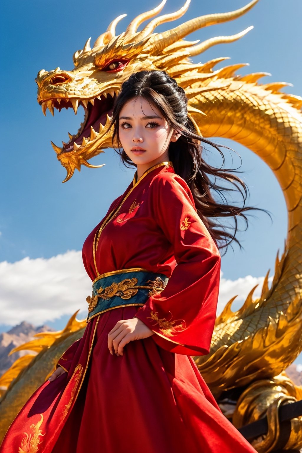 masterpiece, top quality, best quality, official art, (beautiful and aesthetic:1.3), (beautiful 1girl:1.5), (dragon:1.5) long hair, red hanfu fashion, chinese dragon flying in the sky, golden line, (black and red clothes:1.4), volumetric lighting, ultra-high quality, photorealistic, small waist, tang dynasty background, dynamic pose, detailed_background, 8k illustration, DonMChr0m4t3rr4, A beautiful girl posing with back turned to the viewer, High detailed, (blue sky scenery:1.4), close up shot, strong wind, long hair, plump breasts