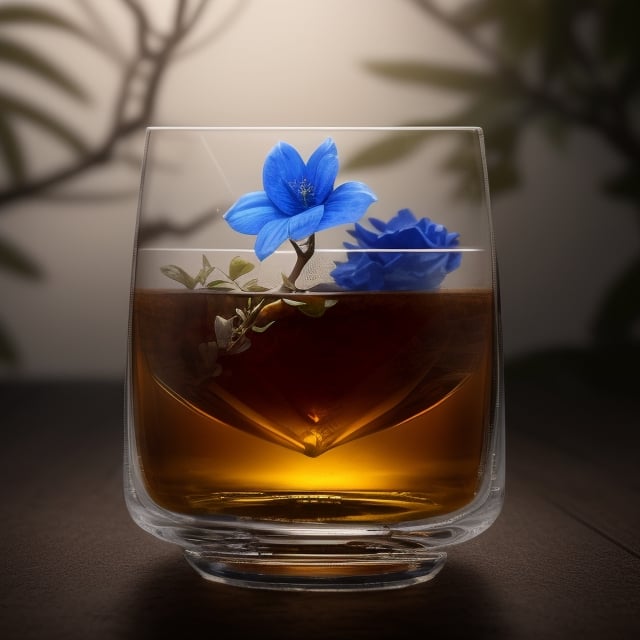 masterpiece, best quality, photography advertising of a glass of whiskey , Round Mugs, Tumbler, myphamhoahong photo, flower, (blue flower:1.2), leaf, branch, petals, plant, gradient, garden, realistic, cold theme, scenery, shadow, still life 