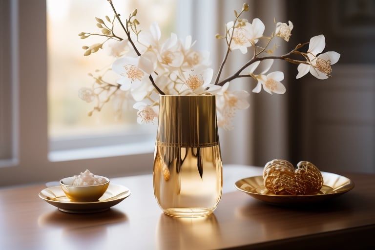 masterpiece, best quality, photography advertising of a vase ,Tumbler, myphamhoahong photo, flower,,leaf, branch, petals, plant, gradient, garden, realistic, cold theme, scenery, shadow, still life ,perfect light,Cosmetic,glowing gold,inviting you to take a sip and savor its refreshing taste.,myphammaukem photo