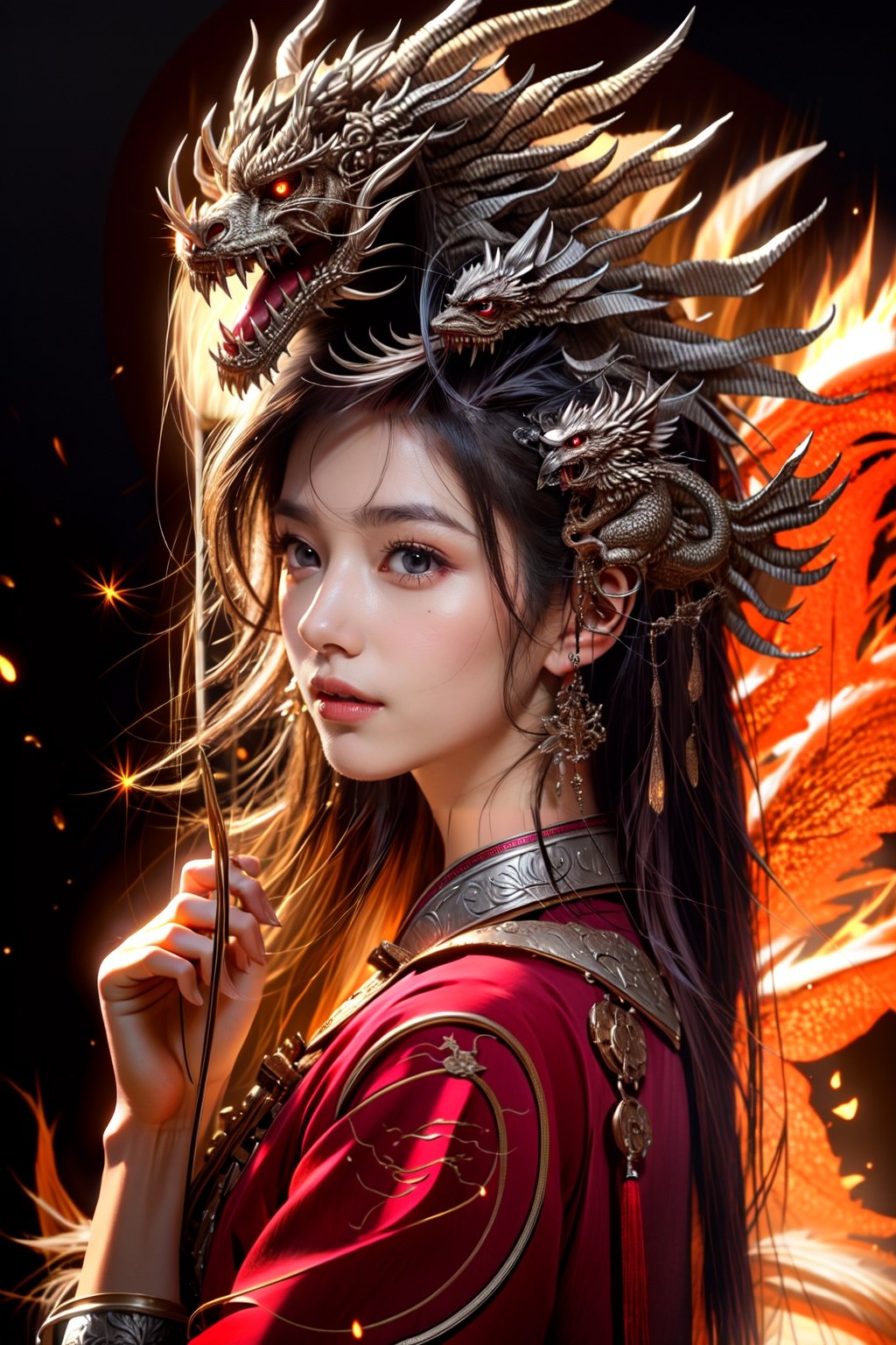 Full body, outer_space,  Chinese female, human face, dragon skin, dragon scale pattern ,holding dragon head weapon, with long white hair,dragon-themed, complex background:1.1,Chinese Dragon,Mecha,Cyberpunk,Katon
symmetrical face with flirty gaze and soft smile, a small earrings, ultra hd, realistic, vivid colors, highly detailed, UHD drawing, pen and ink, perfect composition, beautiful detailed intricate insanely detailed octane render trending on artstation, 8k artistic photography, photorealistic concept art, soft natural volumetric cinematic perfect light,realhands,dragonbaby,