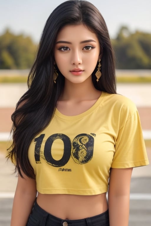 Beautiful attactiv face 18 years yung girl a yellow t-shirts, black hair, good looking body, beautiful background, 
